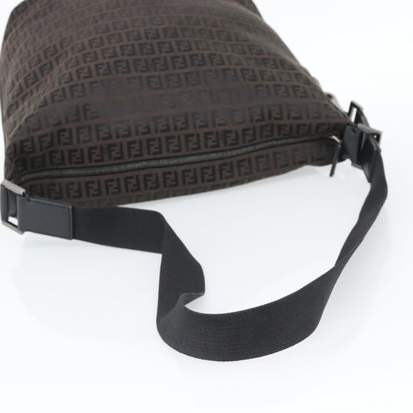 FENDI Zucchino Canvas Shoulder Bag Brown Silver Auth 189932A