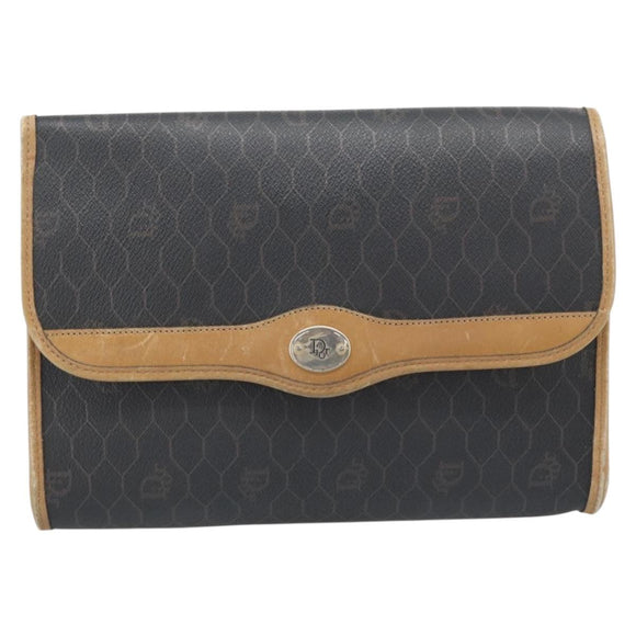 Christian Dior Honeycomb Canvas Chain Shoulder Bag PVC Black Gold Auth 189935