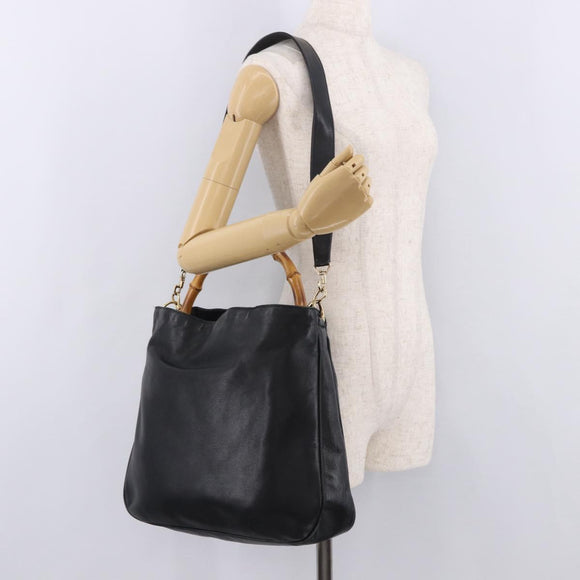 GUCCI Bamboo Shoulder Bag Leather 2way Black Gold 001 3444 1577 Auth 189938