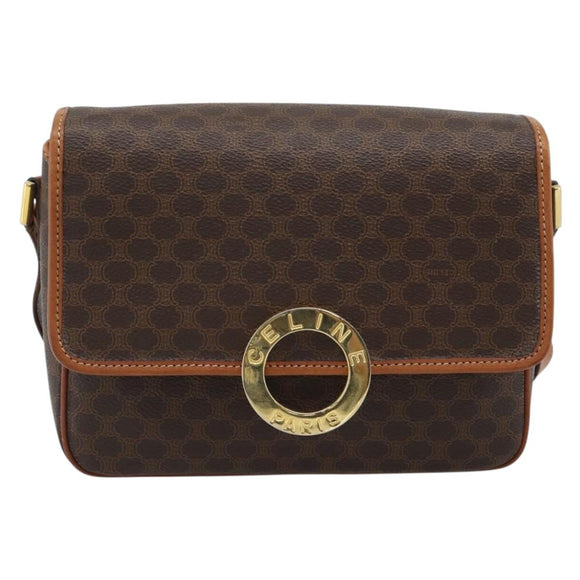 CELINE Macadam Canvas Circle Shoulder Bag PVC Leather Brown Gold Auth 189954A