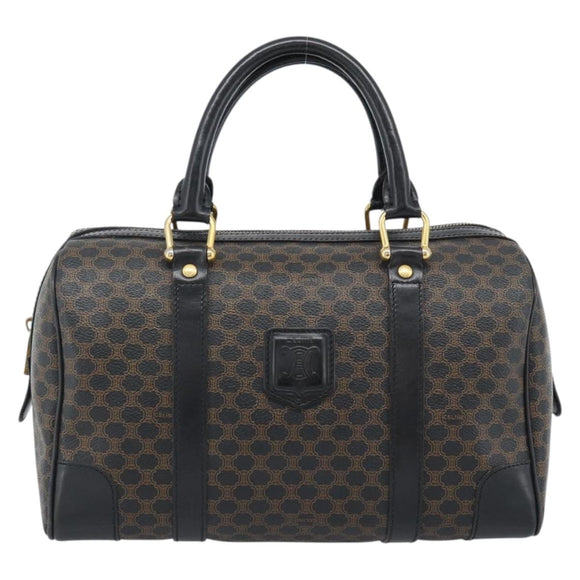 CELINE Macadam Canvas Boston Bag PVC Leather Black Gold Auth 189955A