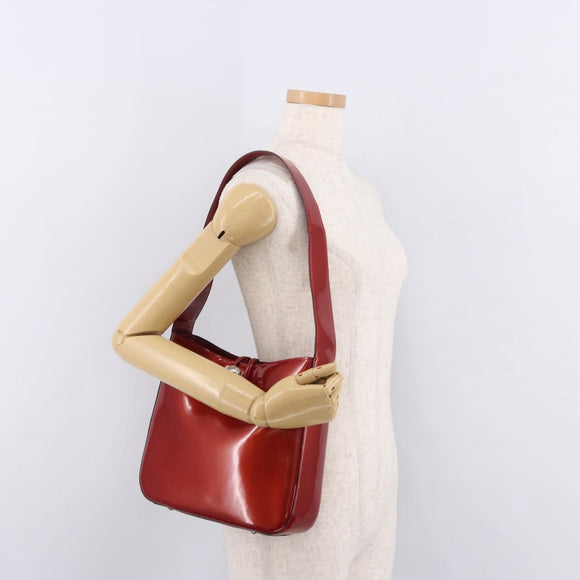 CELINE Star Ball Shoulder Bag Patent Leather Red Gold Auth 189968A