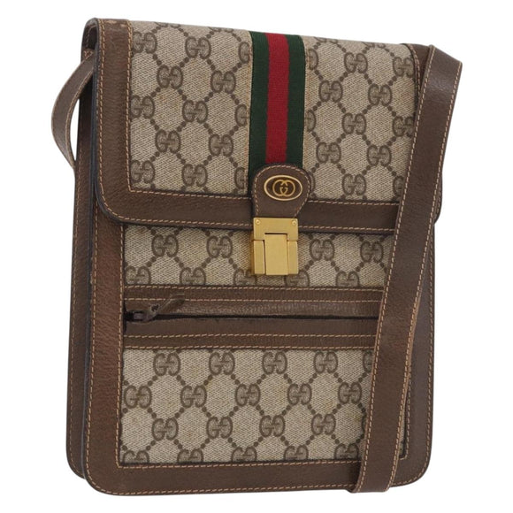 GUCCI GG Supreme Web Sherry Line Shoulder Bag PVC Beige Gold Auth 189976