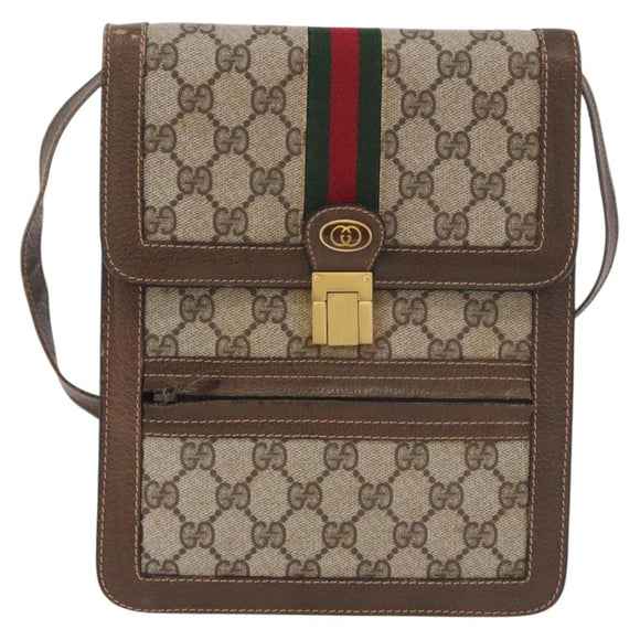 GUCCI GG Supreme Web Sherry Line Shoulder Bag PVC Beige Gold Auth 189976