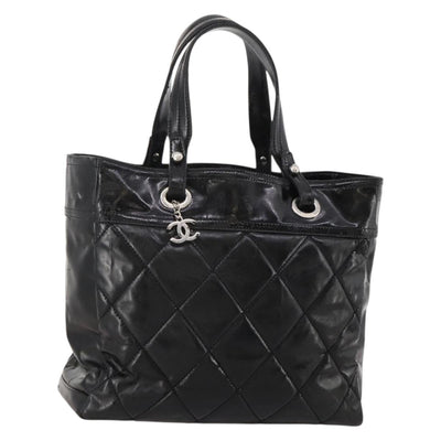 CHANEL Paris Biarritz GM Tote Bag Coated Canvas Black Silver CC Auth 189981
