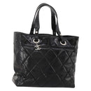 CHANEL Paris Biarritz GM Tote Bag Coated Canvas Black Silver CC Auth 189981-1