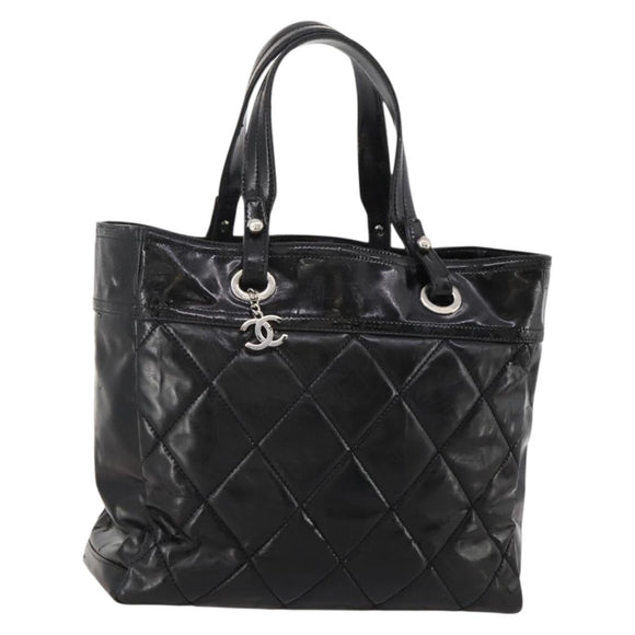 CHANEL Paris Biarritz GM Tote Bag Coated Canvas Black Silver CC Auth 189981