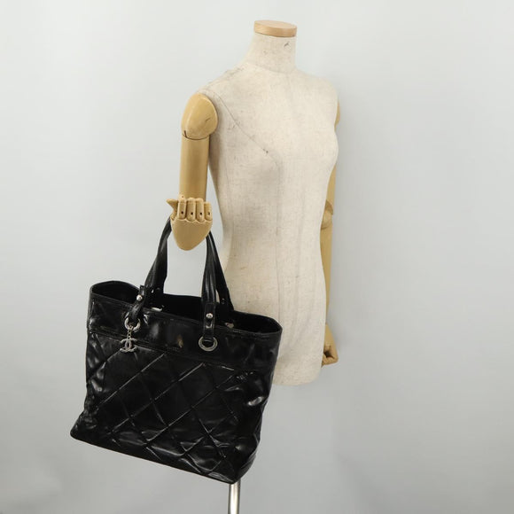 CHANEL Paris Biarritz GM Tote Bag Coated Canvas Black Silver CC Auth 189981
