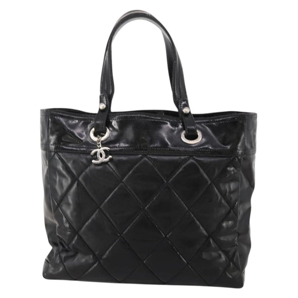 CHANEL Paris Biarritz GM Tote Bag Coated Canvas Black Silver CC Auth 189981