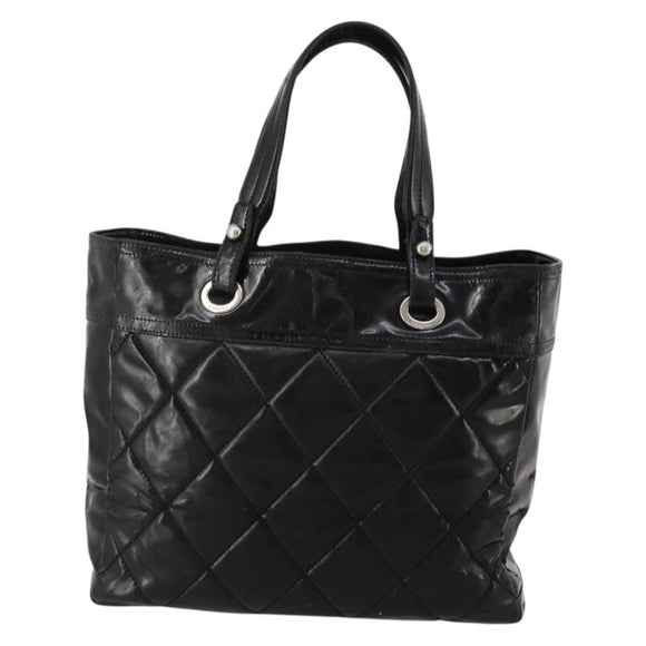 CHANEL Paris Biarritz GM Tote Bag Coated Canvas Black Silver CC Auth 189981
