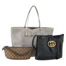 GUCCI GG Canvas Hand Bag PVC 3 Set Black Beige Silver Auth 190003-1