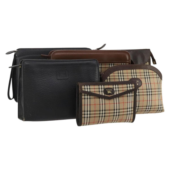 Burberrys Nova Check Clutch Bag Nylon Leather Canvas 6 Set Beige Auth 190007