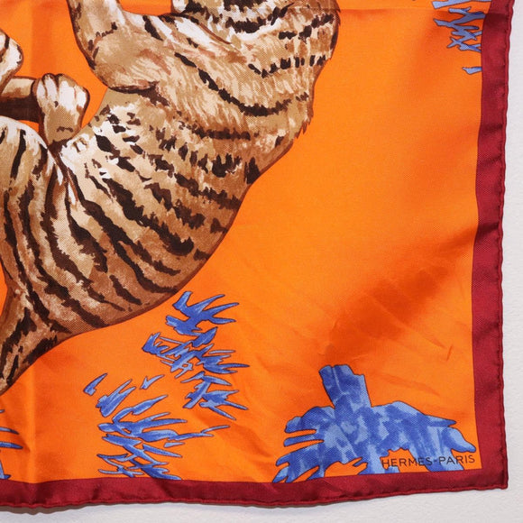 HERMES Carre 45 Scarf ""Les Tigreaux"" Silk Orange Auth 190026SAM