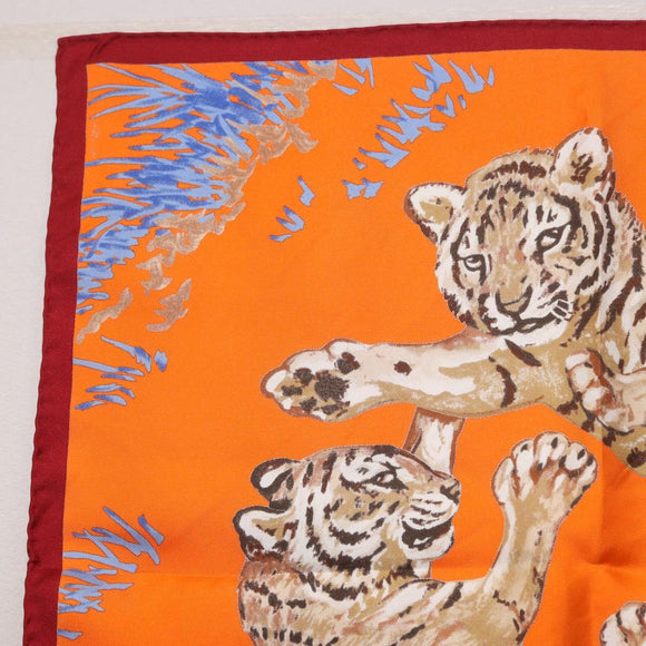 HERMES Carre 45 Scarf ""Les Tigreaux"" Silk Orange Auth 190026SAM