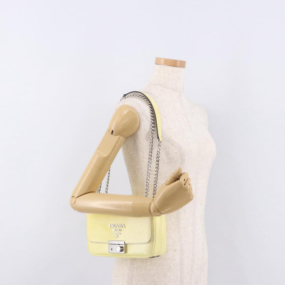 PRADA Chain Shoulder Bag Safiano Leather Yellow Silver Auth 190027A