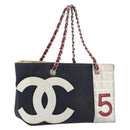 CHANEL Choco Bar Chain Shoulder Tote Bag Canvas Navy Silver CC Auth 190045A-1