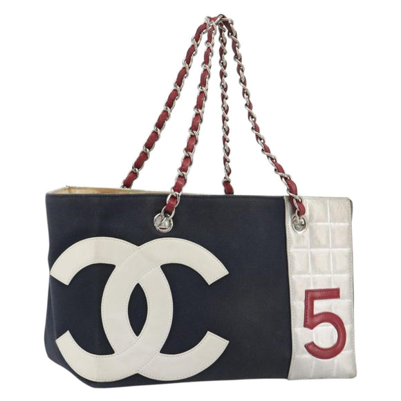 CHANEL Choco Bar Chain Shoulder Tote Bag Canvas Navy Silver CC Auth 190045A
