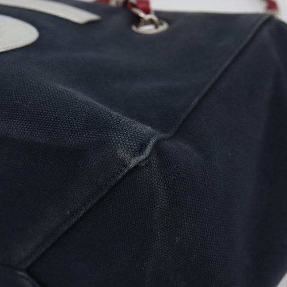 CHANEL Choco Bar Chain Shoulder Tote Bag Canvas Navy Silver CC Auth 190045A