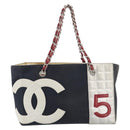CHANEL Choco Bar Chain Shoulder Tote Bag Canvas Navy Silver CC Auth 190045A-2
