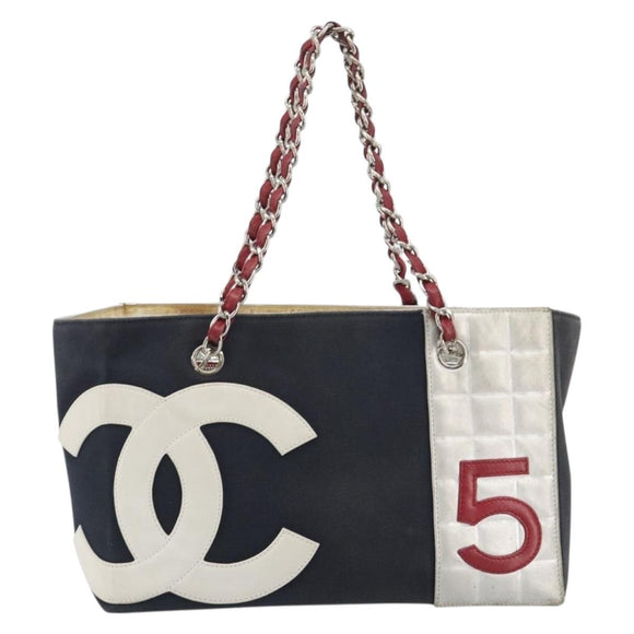 CHANEL Choco Bar Chain Shoulder Tote Bag Canvas Navy Silver CC Auth 190045A