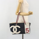 CHANEL Choco Bar Chain Shoulder Tote Bag Canvas Navy Silver CC Auth 190045A-22