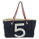 CHANEL Choco Bar Chain Shoulder Tote Bag Canvas Navy Silver CC Auth 190045A-3
