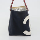 CHANEL Choco Bar Chain Shoulder Tote Bag Canvas Navy Silver CC Auth 190045A-4