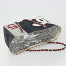 CHANEL Choco Bar Chain Shoulder Tote Bag Canvas Navy Silver CC Auth 190045A-6