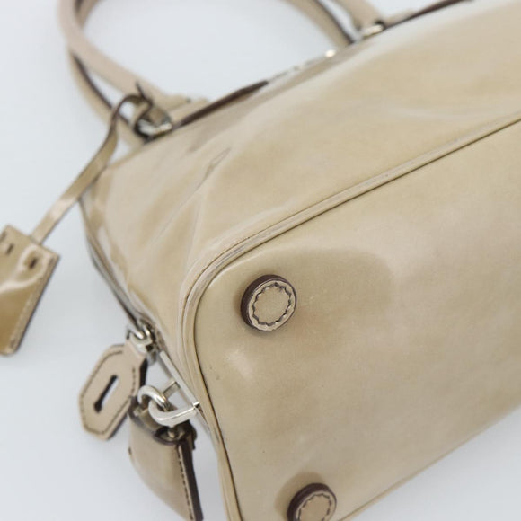 PRADA Hand Bag Patent Leather Beige Silver Auth 190075A