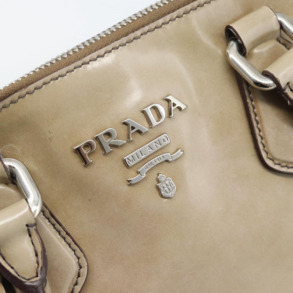 PRADA Hand Bag Patent Leather Beige Silver Auth 190075A