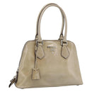 PRADA Hand Bag Patent Leather Beige Silver Auth 190075A-1