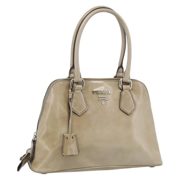 PRADA Hand Bag Patent Leather Beige Silver Auth 190075A