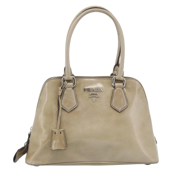 PRADA Hand Bag Patent Leather Beige Silver Auth 190075A