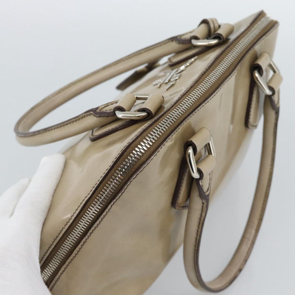 PRADA Hand Bag Patent Leather Beige Silver Auth 190075A