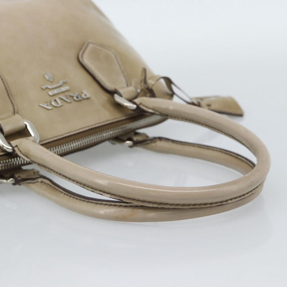 PRADA Hand Bag Patent Leather Beige Silver Auth 190075A