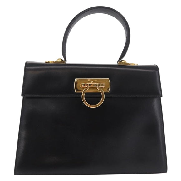 Salvatore Ferragamo Gancini Hand Bag Leather 2way Black Gold Auth 190078