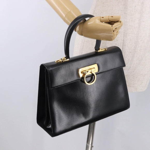 Salvatore Ferragamo Gancini Hand Bag Leather 2way Black Gold Auth 190078
