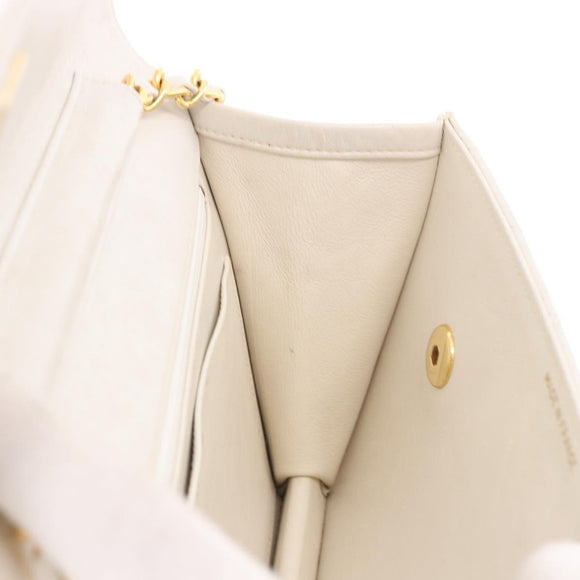 CHANEL Double Turn Lock Matelasse Chain Bag Lamb Skin White CC Auth 190079SAV
