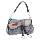Christian Dior Double Saddle Hand Bag Denim Blue Silver Auth 190088SAM-1