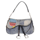 Christian Dior Double Saddle Hand Bag Denim Blue Silver Auth 190088SAM-2