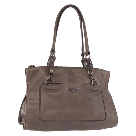 PRADA Tote Bag Leather Gray Silver Auth 190090A