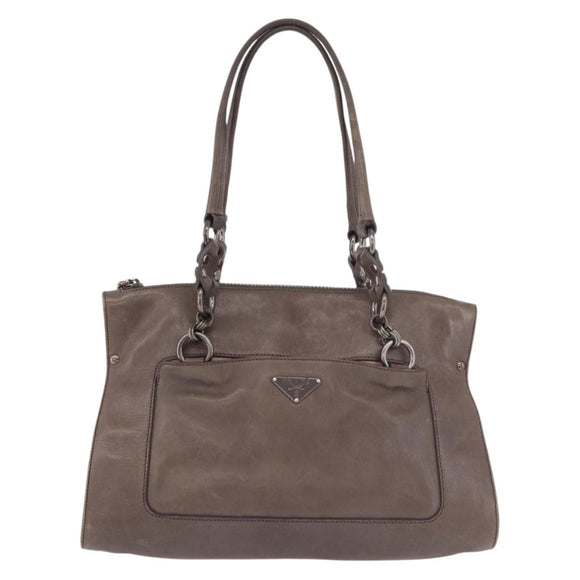 PRADA Tote Bag Leather Gray Silver Auth 190090A