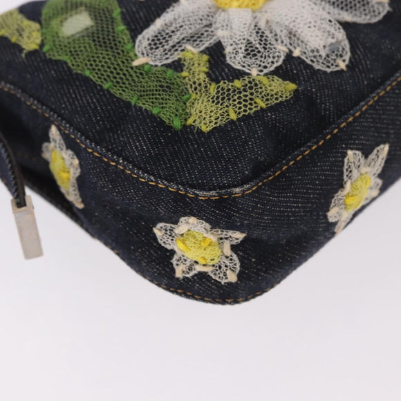 FENDI Mamma Baguette Bag Denim Flower Embroidery Navy Silver Auth 190100SAM