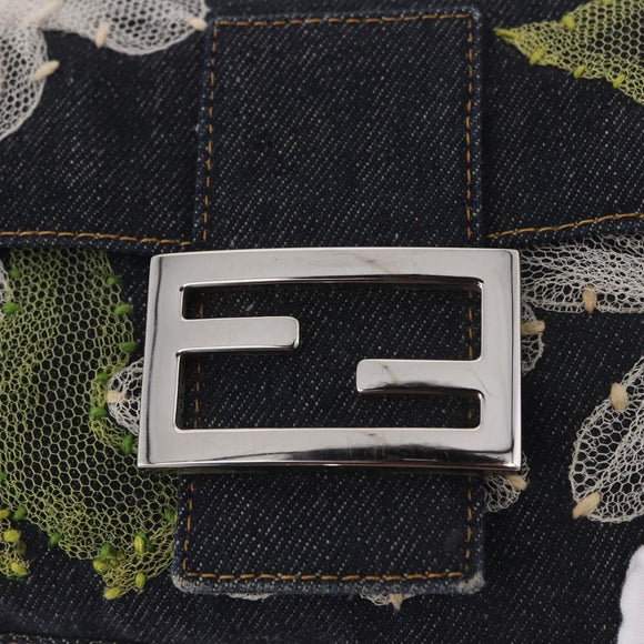 FENDI Mamma Baguette Bag Denim Flower Embroidery Navy Silver Auth 190100SAM