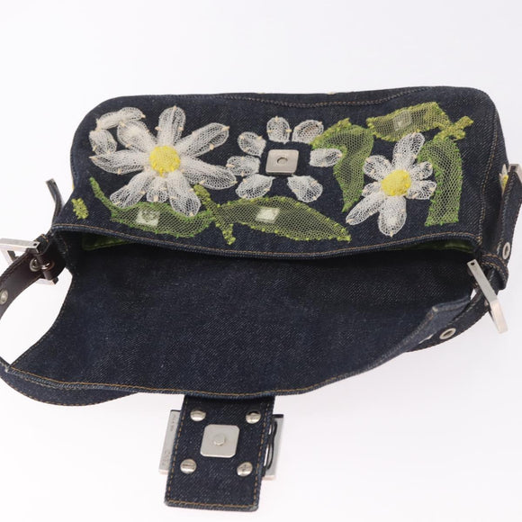 FENDI Mamma Baguette Bag Denim Flower Embroidery Navy Silver Auth 190100SAM