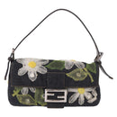 FENDI Mamma Baguette Bag Denim Flower Embroidery Navy Silver Auth 190100SAM-13