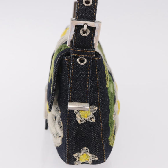 FENDI Mamma Baguette Bag Denim Flower Embroidery Navy Silver Auth 190100SAM