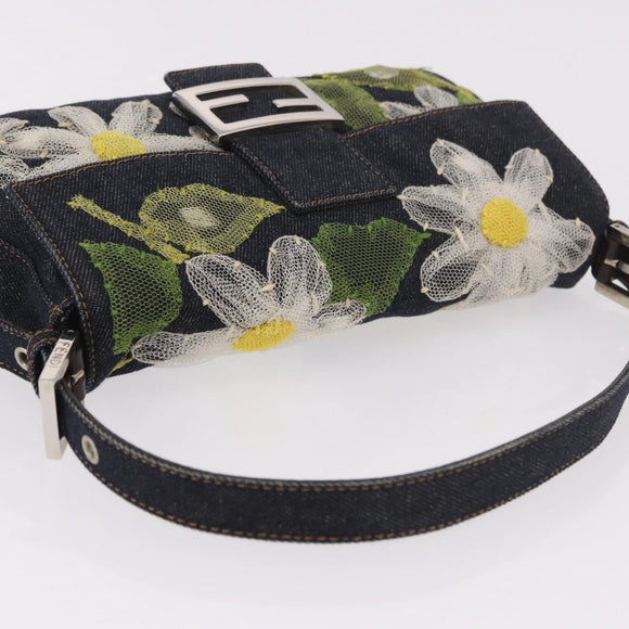 FENDI Mamma Baguette Bag Denim Flower Embroidery Navy Silver Auth 190100SAM