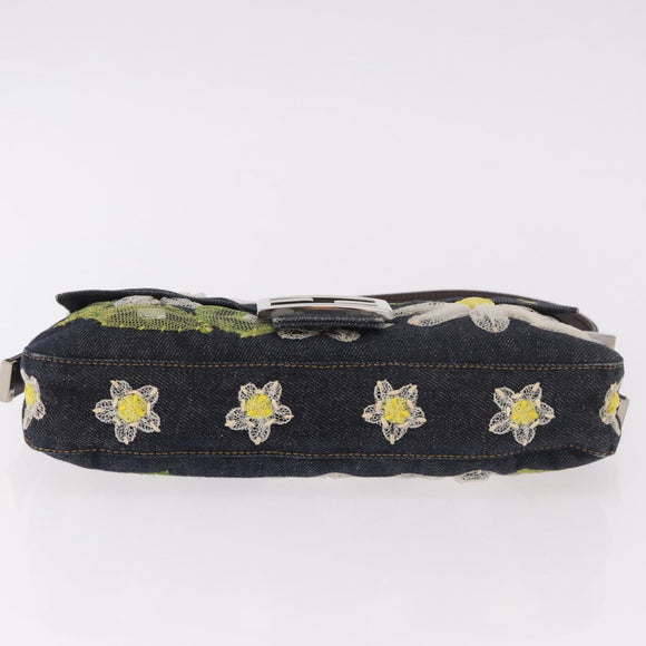 FENDI Mamma Baguette Bag Denim Flower Embroidery Navy Silver Auth 190100SAM