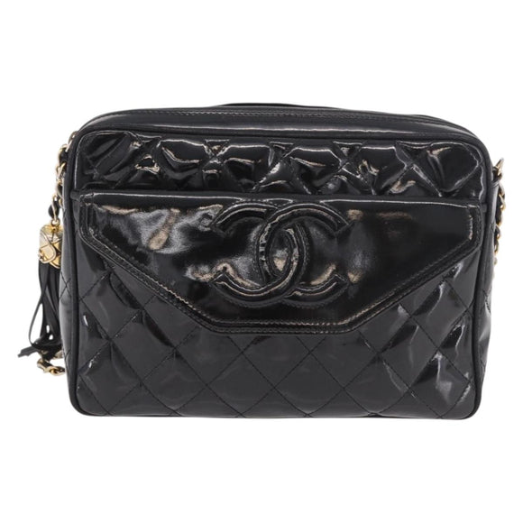 CHANEL Matelasse Chain Shoulder Bag Patent leather Black Gold CC Auth 190111A